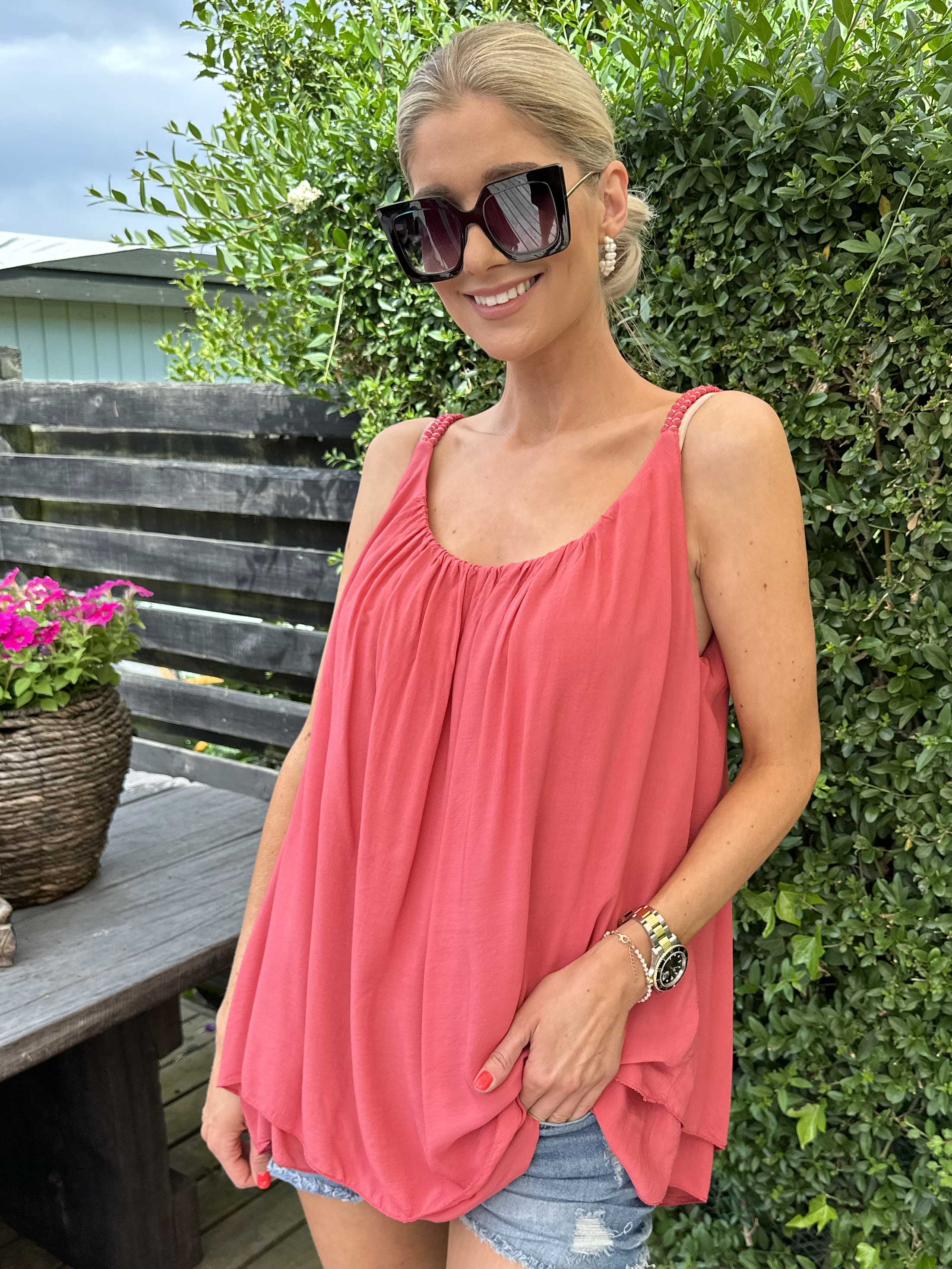 Asia - Söt enfärgad viskostopp med flätade band